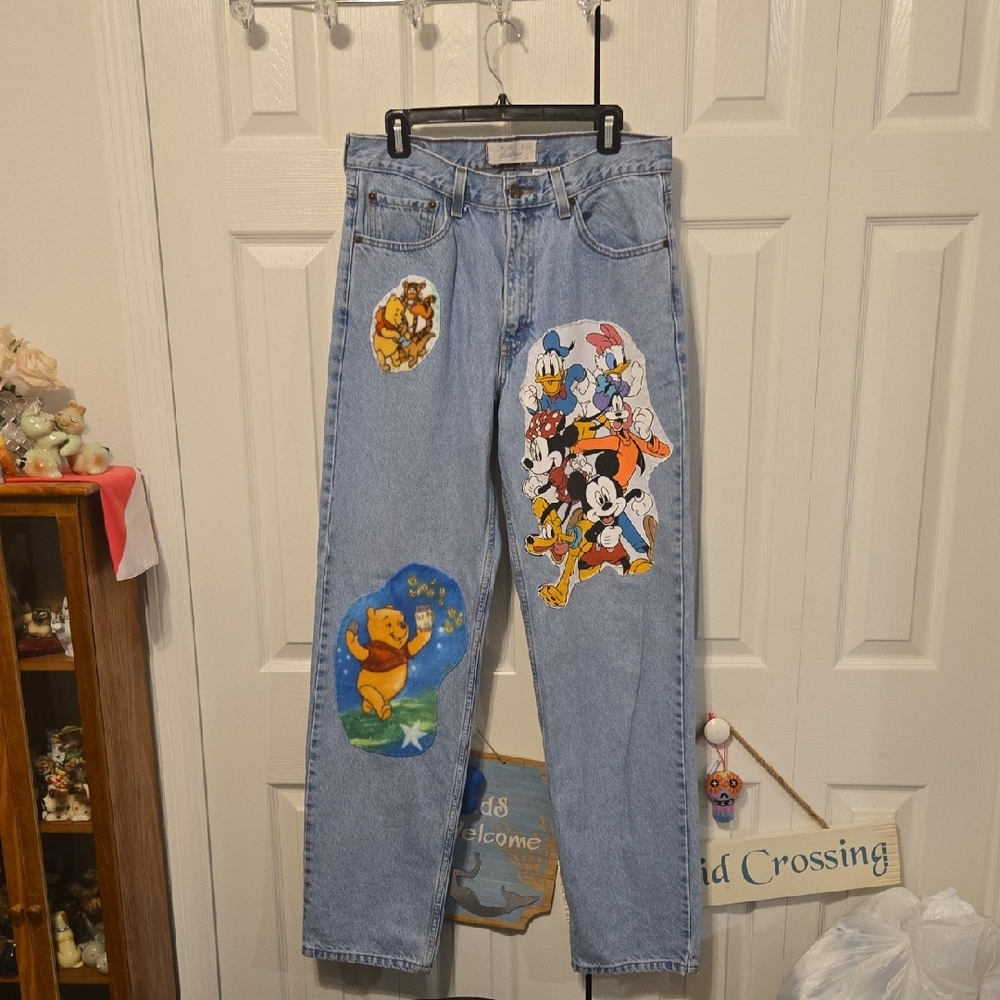Disney Character Print Boyfriend Jeans - Light Blue